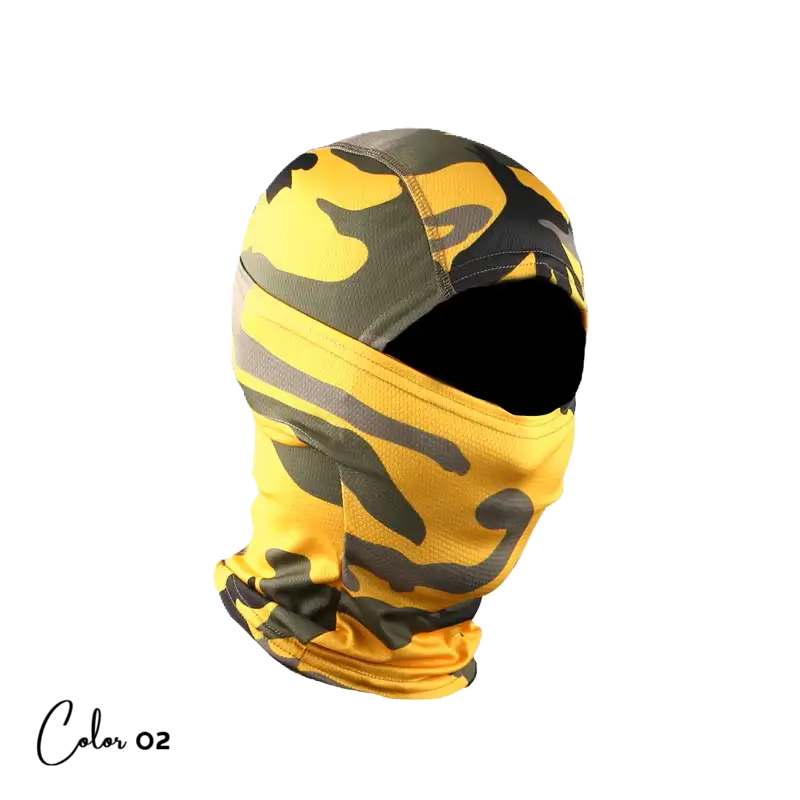 Cagoule balaclava camouflage jaune et vert avec un design tactique couvrant la tête et le cou, idéale pour l’airsoft, la moto ou les activités outdoor.