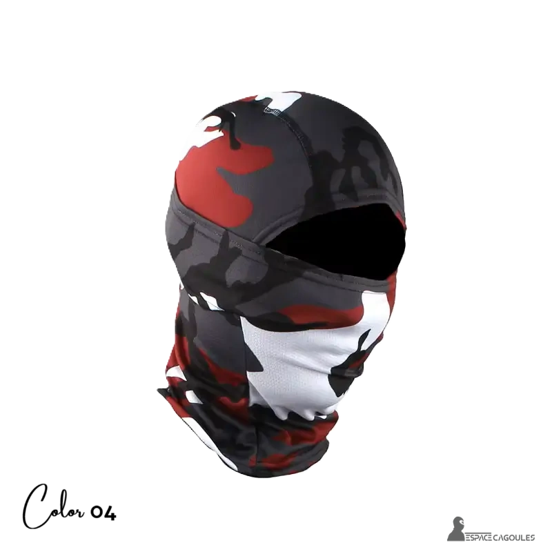 Cagoule balaclava moto camouflage rouge noir et blanc en fond neutre noir, vue de côté