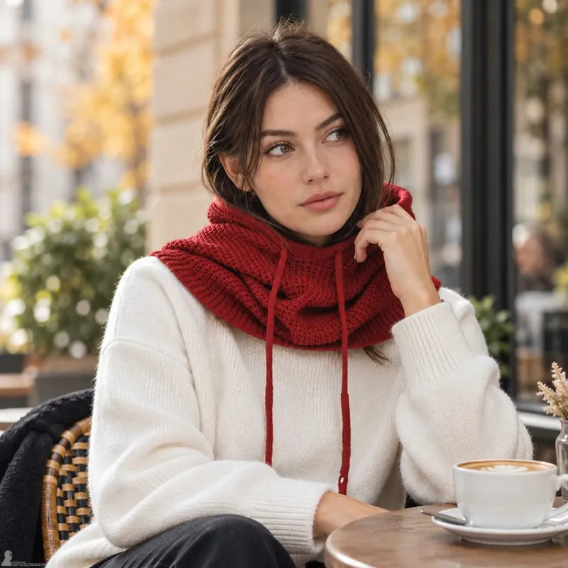Cagoule cache cou bordeaux portée capuche baissée en col snood à une terrasse de café - Espace Cagoules