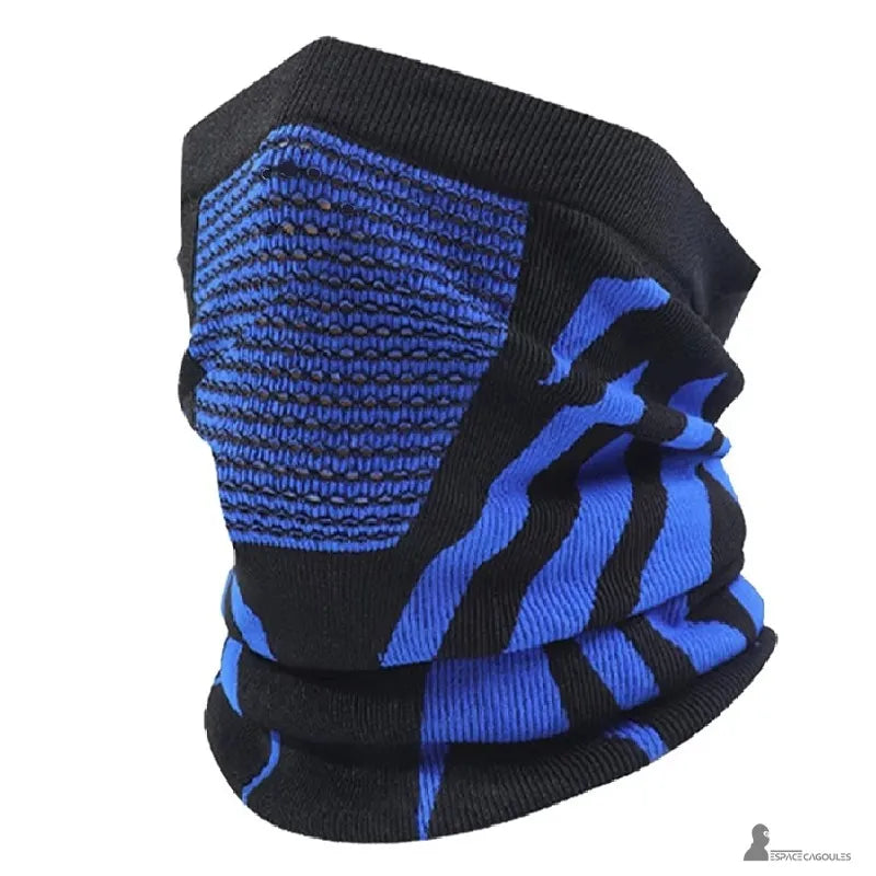 Cagoule cache nez moto en polyester extensible, forme tube ergonomique, vue de profil sur fond blanc montrant la zone respirante bleue intégrée - Espace Cagoules