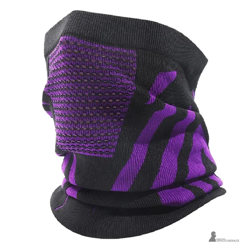 Cagoule cache nez moto en polyester avec maille respirante violette, forme tour de cou couvrant le nez et la bouche, vue de profil sur fond blanc - Espace Cagoules