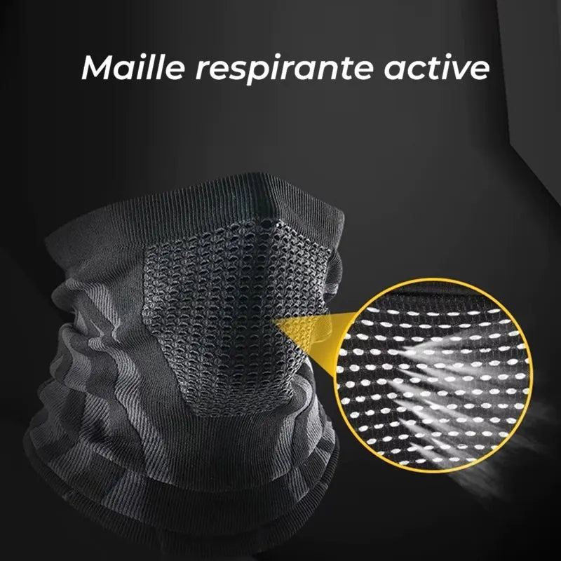 Polyester-Motorradmaske mit atmungsaktiver Netzstruktur, technische Halsform, Seitenansicht mit Zoom auf den belüfteten Mundbereich - Espace Cagoules