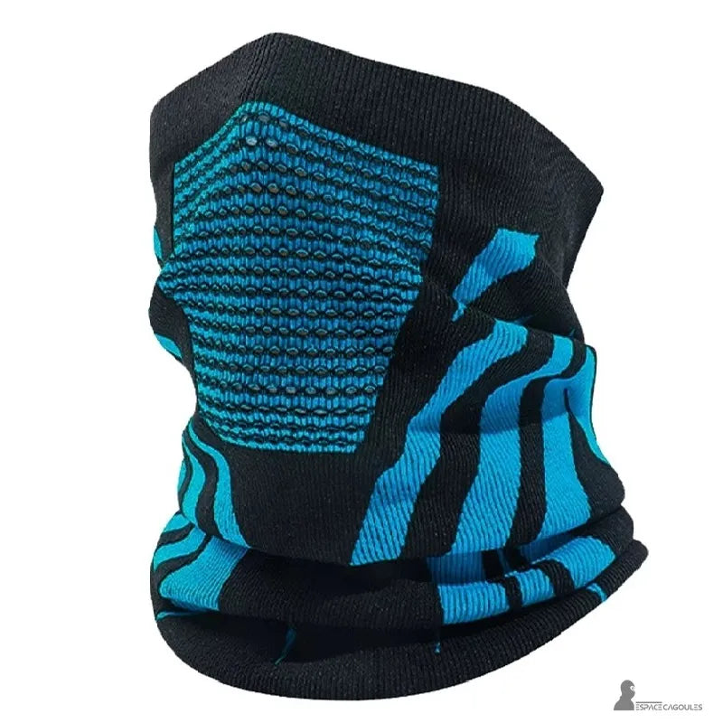 Cagoule cache nez moto en polyester extensible avec maille respirante bleue, forme tube couvrant le visage, vue de profil sur fond blanc - Espace Cagoules