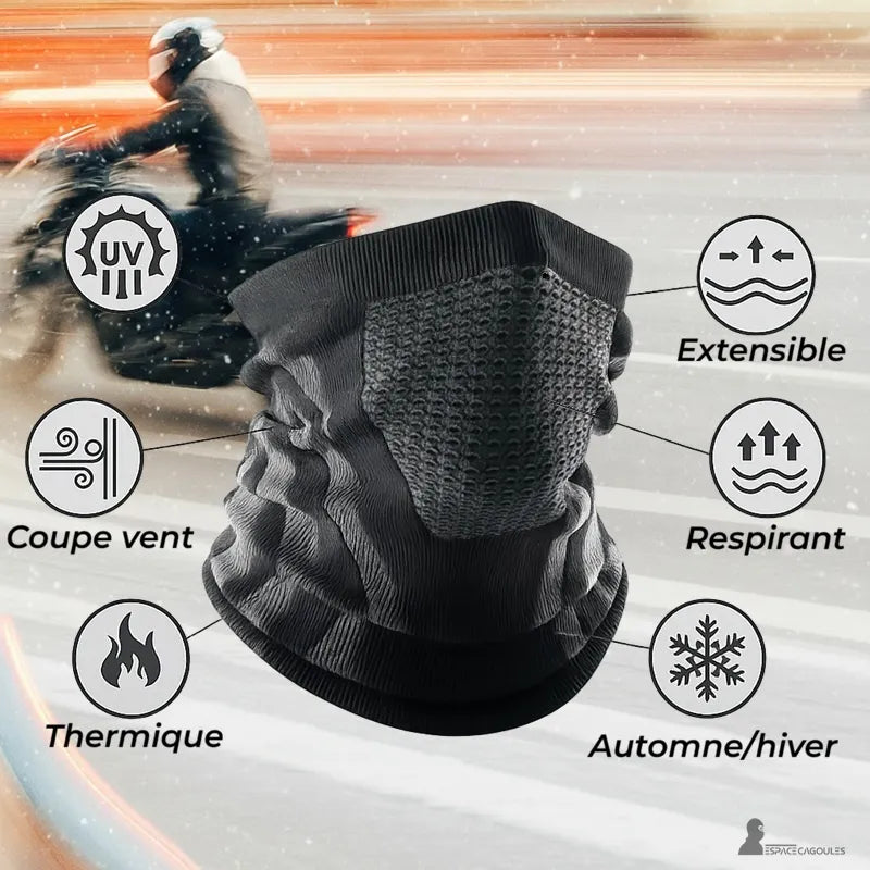 Motorradmaske aus atmungsaktivem Polyester, Form eines schützenden Halskragens, Vorderansicht mit Piktogrammen, winddicht, thermisch, dehnbar und für den Einsatz im Herbst und Winter - Espace Cagoules