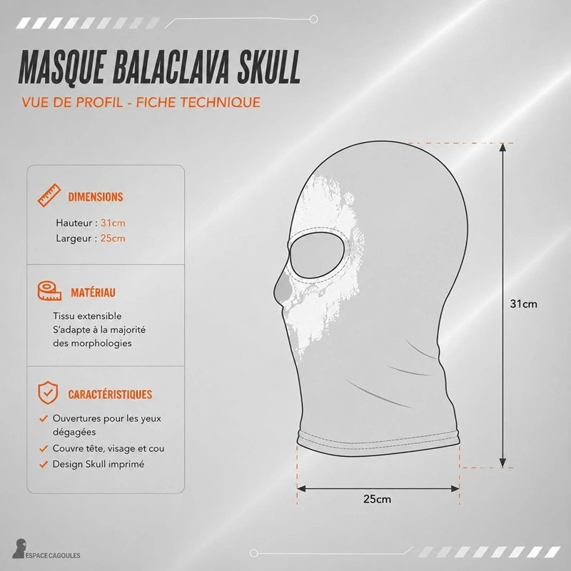 Schéma technique de profil de la Cagoule Call of Duty, hauteur 32 cm et largeur 25 cm, ouvertures pour les yeux - Espace Cagoules