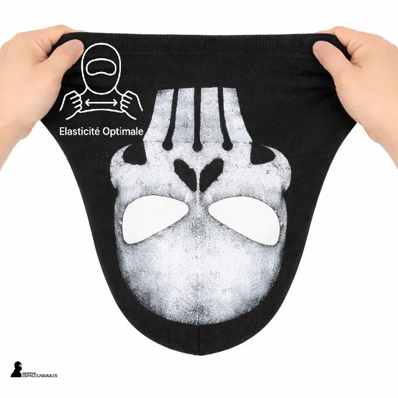 Black cotton and lycra balaclava from Call Of Duty Ghost with skull pattern, featuring a 2-hole design, hand-stretched view showing the elasticity of the fabric on a neutral background - Balaclava Space.