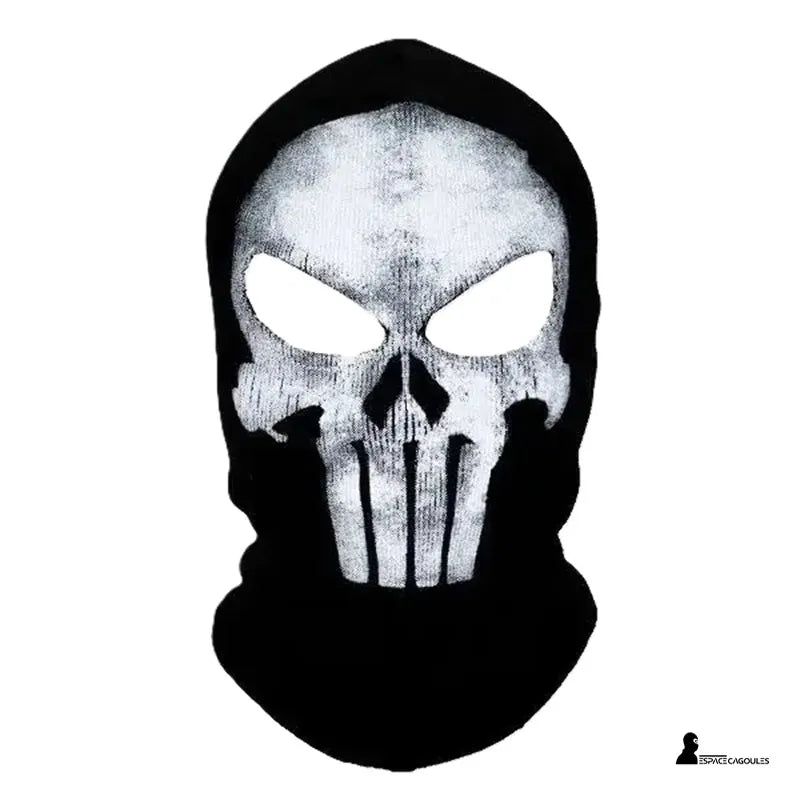 Black cotton and lycra balaclava from Call Of Duty Ghost with a white skull design, featuring 2 holes, front view on a neutral white background - Balaclava Space.