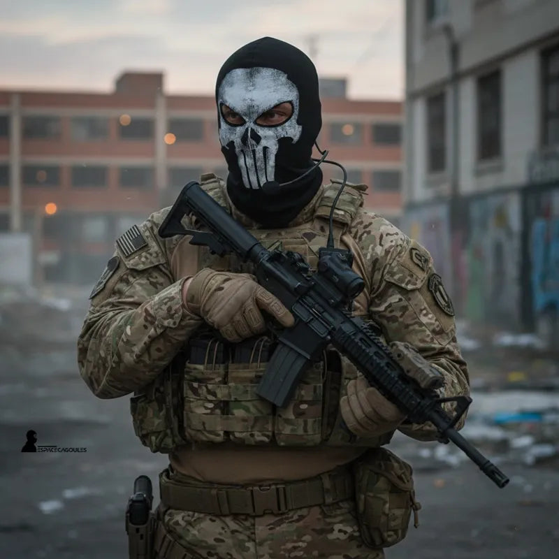 Cagoule Call Of Duty Ghost en coton et lycra noire à tête de mort blanche, forme 2 trous, portée sur un uniforme tactique en environnement urbain extérieur - Espace Cagoules