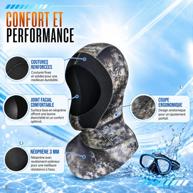 Détails de la cagoule apnée camouflage : coutures renforcées, joint facial et coupe ergonomique - Espace Cagoules