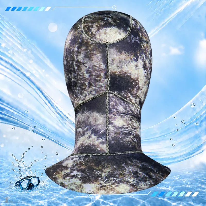 Dos de la cagoule camouflage chasse sous marine avec plastron prolongé et coutures apparentes - Espace Cagoules