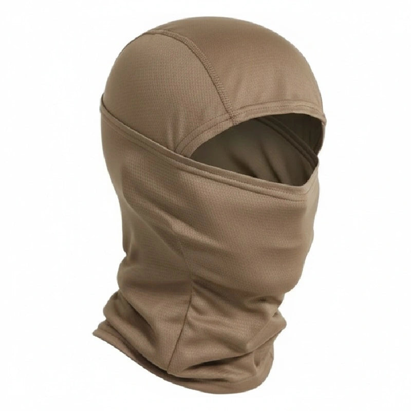 Militärcamouflage-Mütze aus leichtem technischem Polyester, Form mit 1 Loch, das Gesicht und Hals bedeckt, seitliche Ansicht flach in sandbrauner Farbe – Cagoules Space