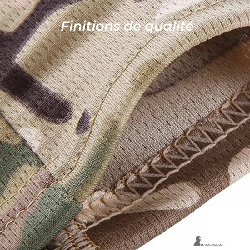 Kamouflage militärhuva i andningsbart polyester med platta sömmar, åtsittande form, 1 hål, närbild av finish utan tryckpunkter – Huva Utrymme