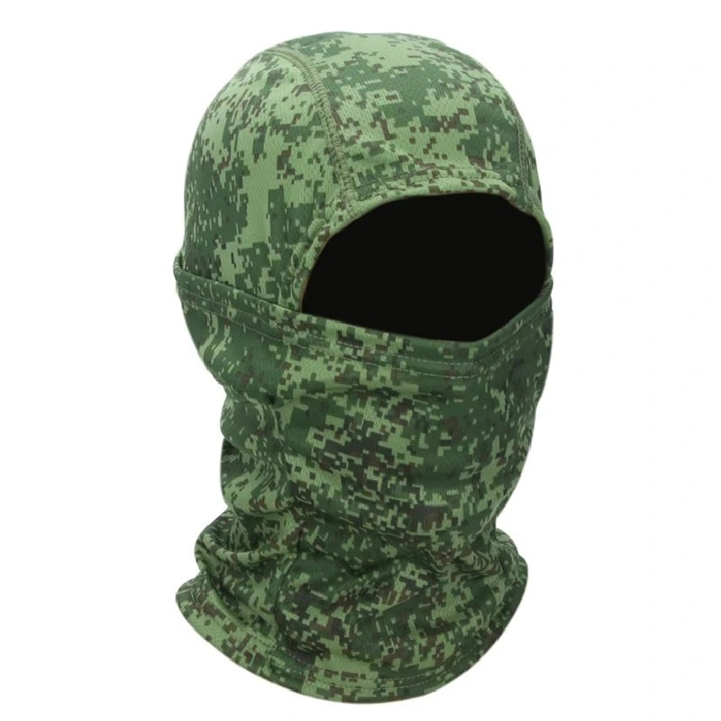 Militärische Camouflage-Haube aus atmungsaktivem, dehnbarem Stoff, Form mit 1 Loch, flach von vorne in digitalem grünem Camouflage – Cagoules Space