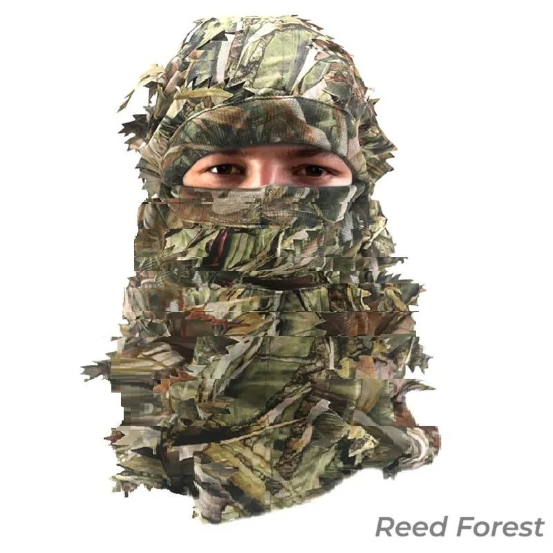Cagoule Camouflage Photo en polyester respirant motif Reed forest avec découpes feuilles 3D, vue de face couvrant tête et nuque sur fond clair - Espace Cagoules