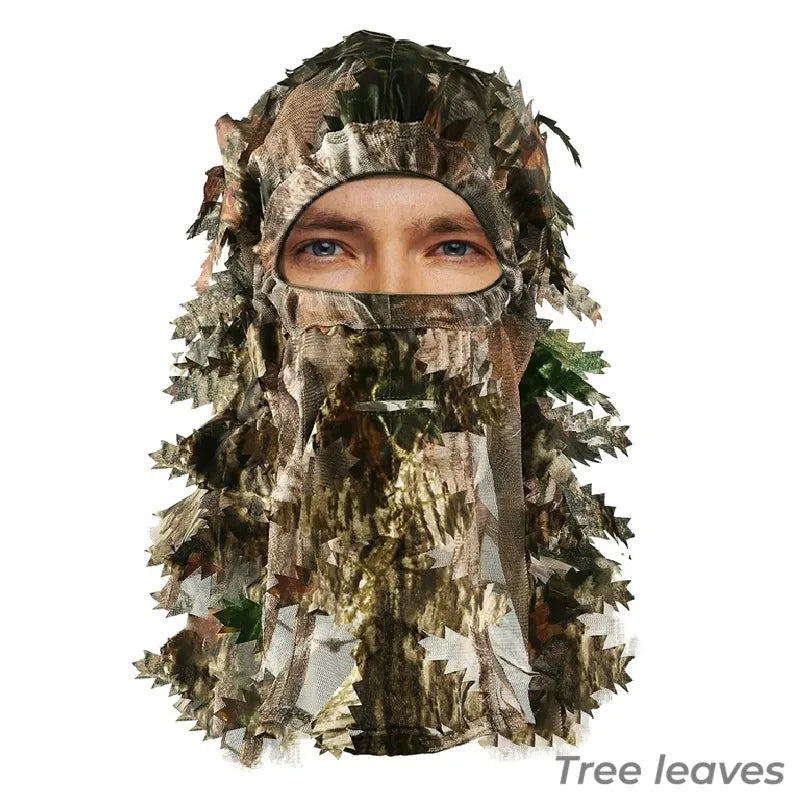 Cagoule Camouflage Photo en polyester extensible motif Tree leaves avec feuillage 3D intégré, vue de face couvrant intégralement le visage et le cou - Espace Cagoules