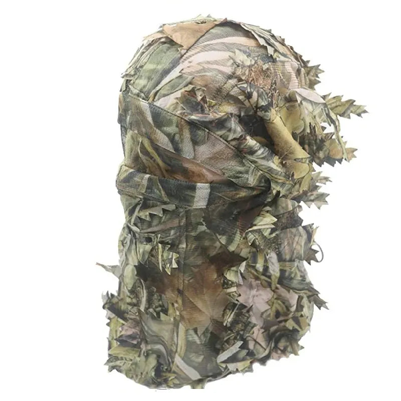 Atmungsaktive Polyester-Camouflage-Kapuze mit 3D-Laub, Rückansicht zeigt den langen Schnitt, der den Nacken und den Hinterkopf bedeckt - Raum für Kapuzen.