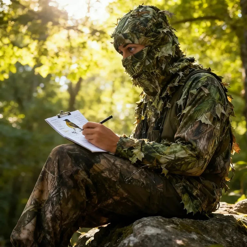 Cagoule Camouflage Photo en polyester respirant avec feuillage 3D portée en environnement forestier lors d’une observation naturaliste, vue latérale complète - Espace Cagoules