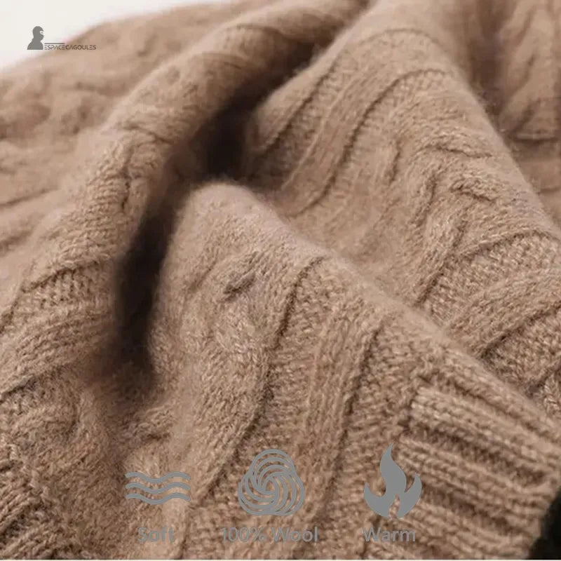Cagoule Capuche Laine gros plan texture laine camel torsadée douce chaude naturelle