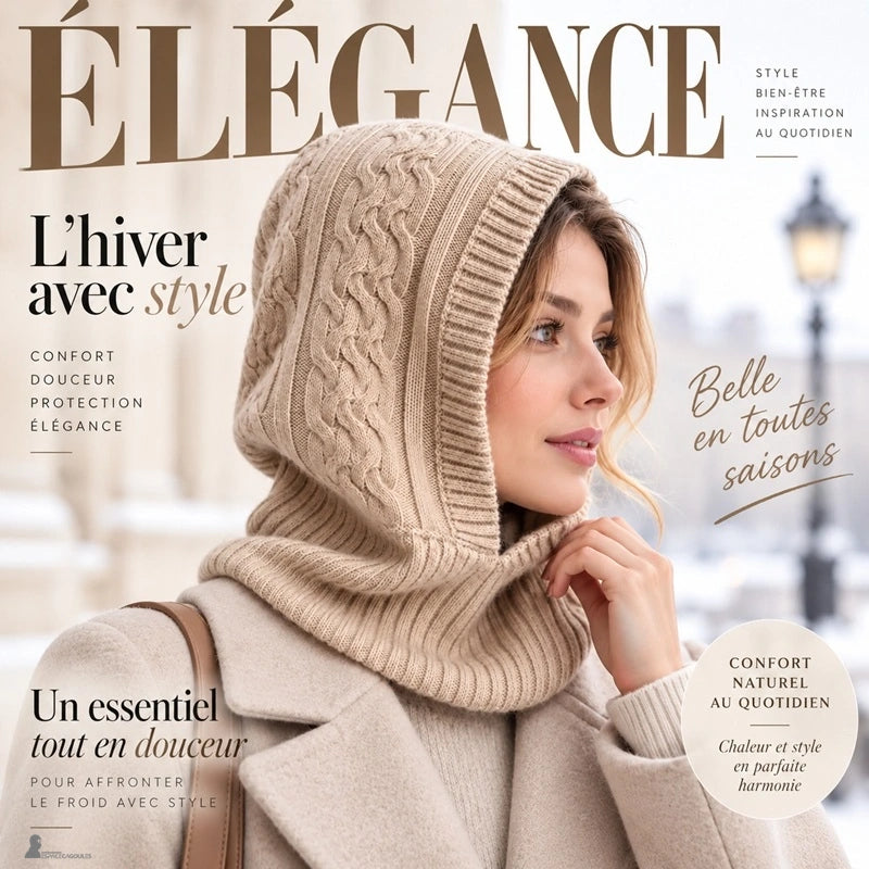 Cagoule capuche laine beige en maille torsadée portée par une femme de profil en hiver – Espace Cagoules