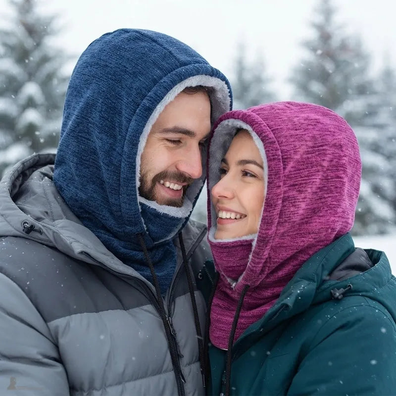 Couple en extérieur sous la neige portant la cagoule capuche polaire CozyHood bleu marine et rose - Espace Cagoules