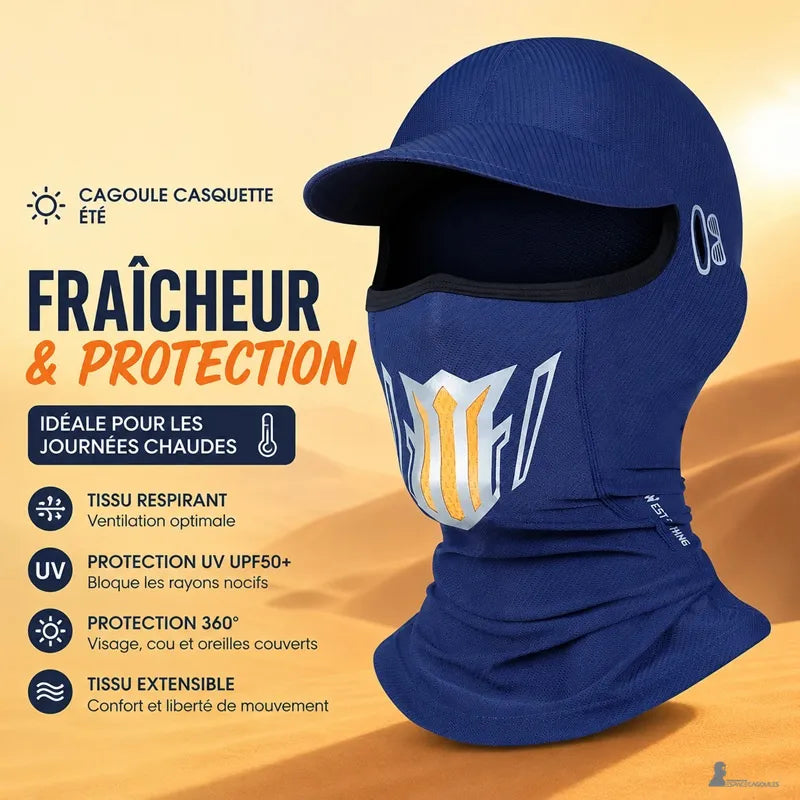 Infographie fraîcheur et protection de la cagoule casquette été : tissu respirant, protection UV UPF 50+, couverture 360 degrés et tissu extensible - Espace Cagoules
