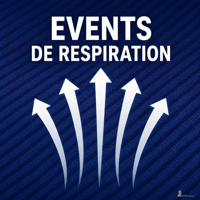 Gros plan sur la maille bleue avec flèches illustrant les évents de respiration qui laissent s'échapper l'air chaud - Espace Cagoules