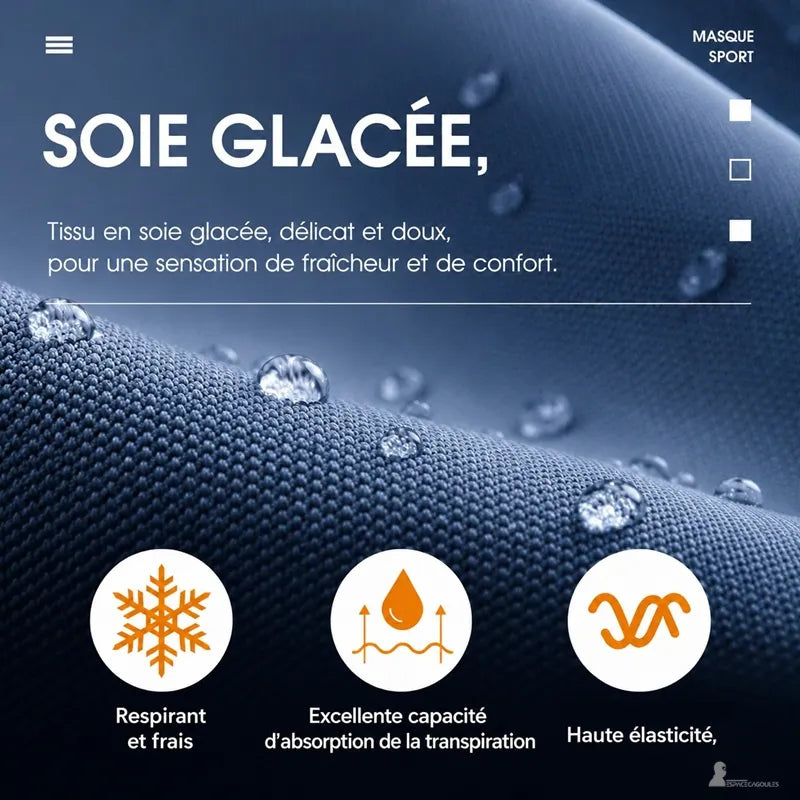 Gros plan sur le tissu en soie glacée perlé de gouttelettes, illustrant sa respirabilité, son absorption de la transpiration et sa haute élasticité - Espace Cagoules