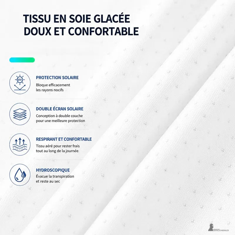 Infographie textuelle présentant les propriétés du tissu en soie glacée de couleur blanche - Espace Cagoules