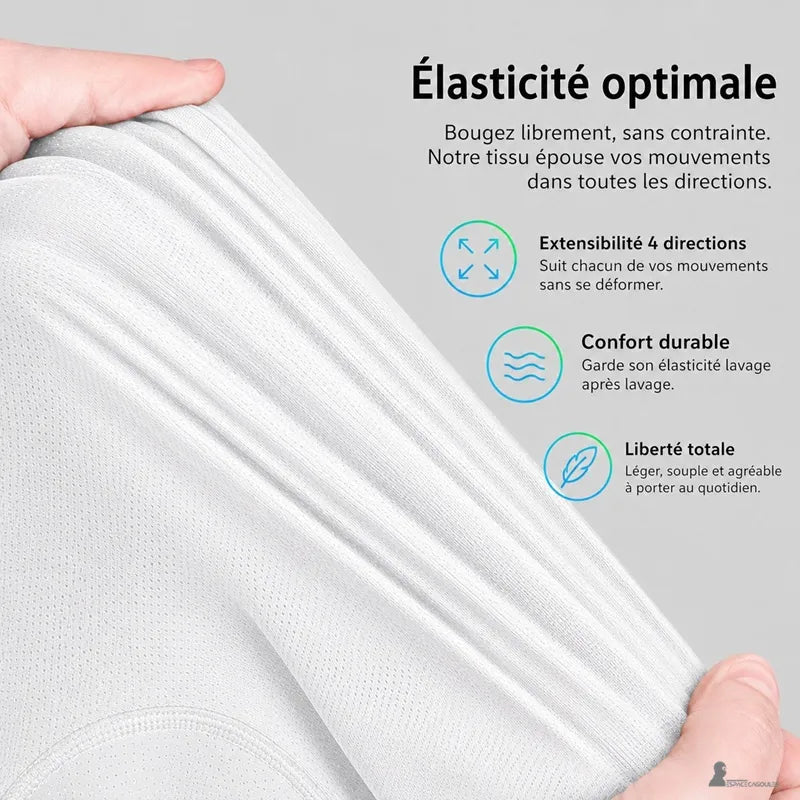 Vue rapprochée du tissu blanc de la cagoule casquette femme étiré entre deux mains - Espace Cagoules