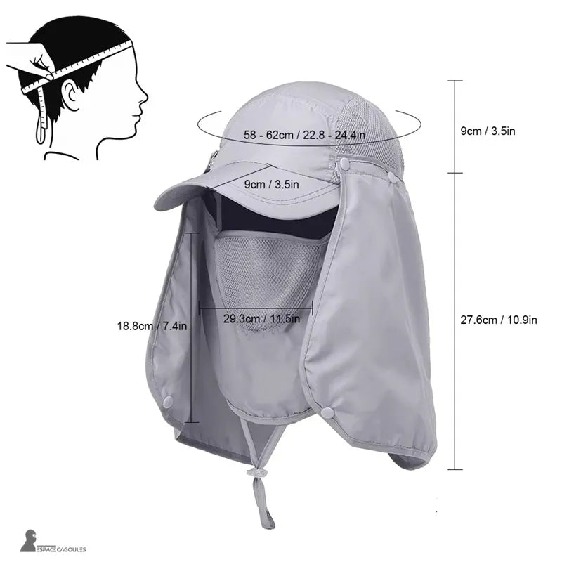 Cagoule casquette modulable grise avec schéma des dimensions et mesures du produit vue technique - Espace Cagoules