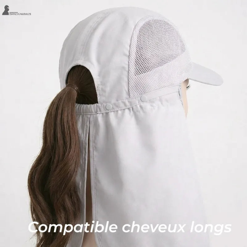 Cagoule casquette modulable avec ouverture arrière pour queue de cheval vue portée cheveux longs - Espace Cagoules