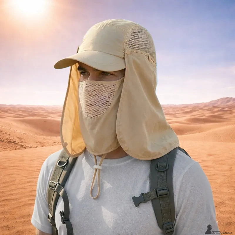Cagoule casquette modulable beige portée sur homme avec sac à dos en environnement désertique - Espace Cagoules