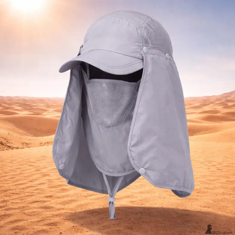 Cagoule casquette modulable grise portée avec protection faciale et nuque sur fond désert - Espace Cagoules