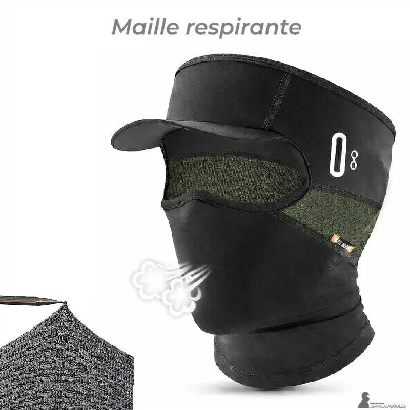 Cagoule casquette vélo été noire avec zone latérale en maille respirante verte et symbole de souffle indiquant la ventilation – Espace Cagoules