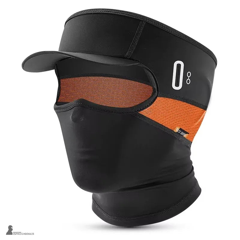 Cagoule casquette vélo été noire avec panneau respirant orange et visière courte, vue produit détaillée de profil – Espace Cagoules