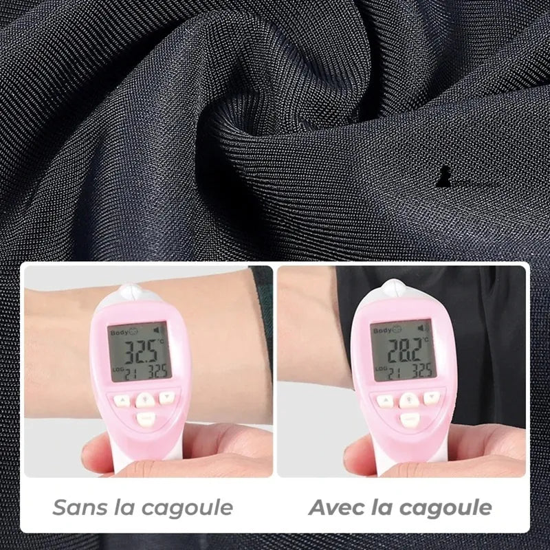 Cagoule casquette vélo été tissu technique noir en gros plan avec comparaison de température entre peau nue et peau couverte – Espace Cagoules