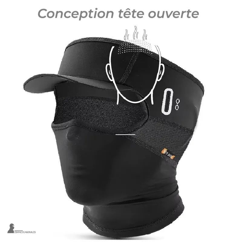 Cagoule casquette vélo été noire avec conception tête ouverte illustrée par un schéma montrant la partie supérieure dégagée – Espace Cagoules