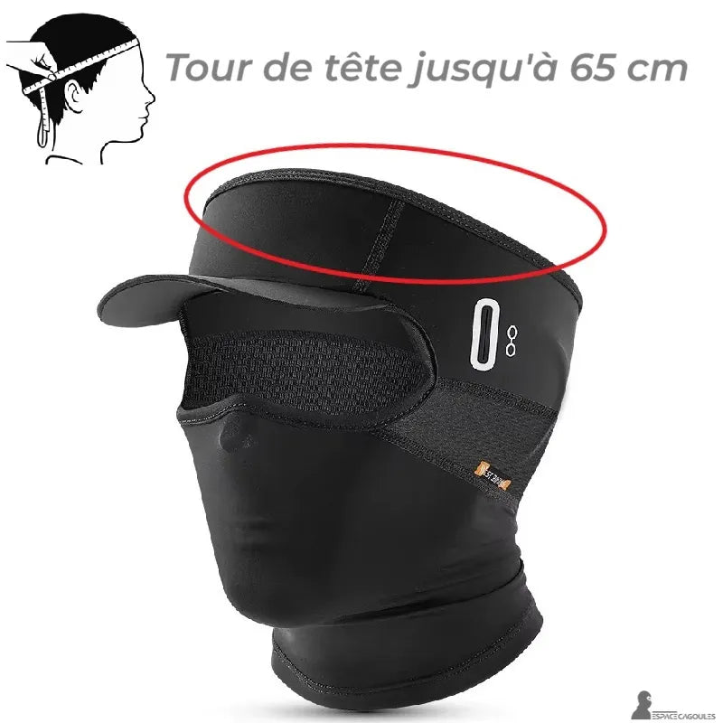 Cagoule casquette vélo été noire avec illustration indiquant un tour de tête jusqu’à 65 cm et repère sur la partie supérieure ouverte – Espace Cagoules