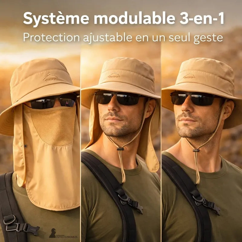 Beige sun protection hood showing the 3-in-1 modular system with different protection configurations - Hood Space