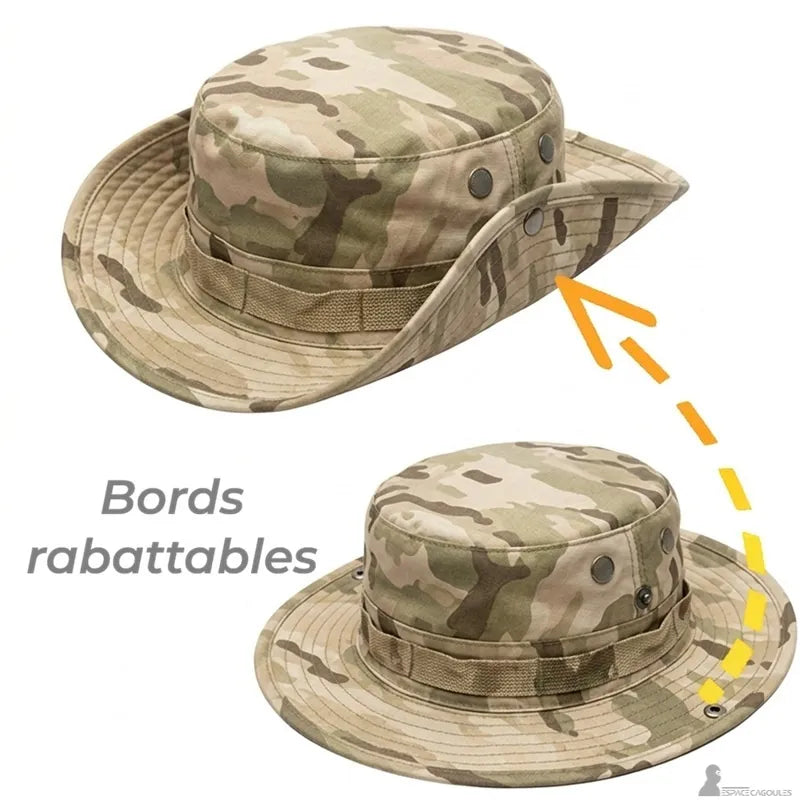 Chapeau cagoule démonstration des bords rabattables avec flèche indiquant le bouton pression sur fond clair - Espace Cagoules