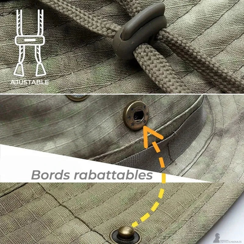 Chapeau cagoule gros plan des boutons pression latéraux et du bord relevable en tissu camouflage - Espace Cagoules