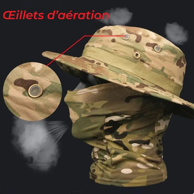 Chapeau cagoule détail des œillets d’aération métalliques avec grille interne en gros plan sur tissu camouflage - Espace Cagoules