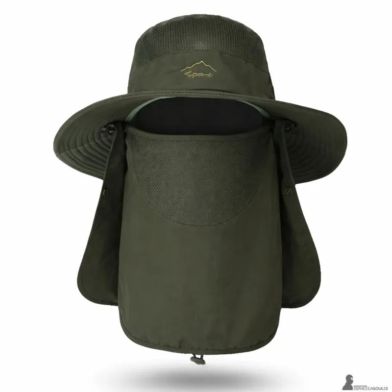 Cagoule chapeau protection solaire vert armée vue de face avec protection intégrale visage et tissu respirant - Espace Cagoules