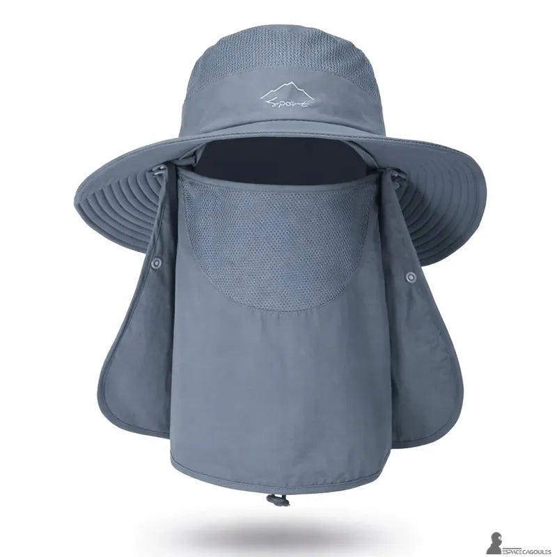 Cagoule chapeau protection solaire gris foncé vue de face avec masque respirant intégré et large bord - Espace Cagoules