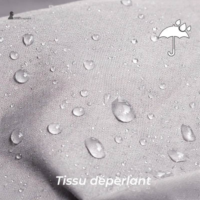 Hooded sun protection hat detail with water-repellent fabric showing visible water droplets in macro - Hood Space