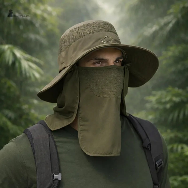 Green sun protection hood worn in the jungle with facial mask and visible backpack - Hood Space