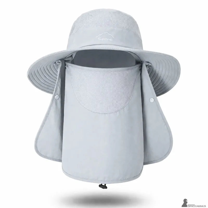 Cagoule chapeau protection solaire gris clair vue de face avec protection visage et tissu respirant - Espace Cagoules