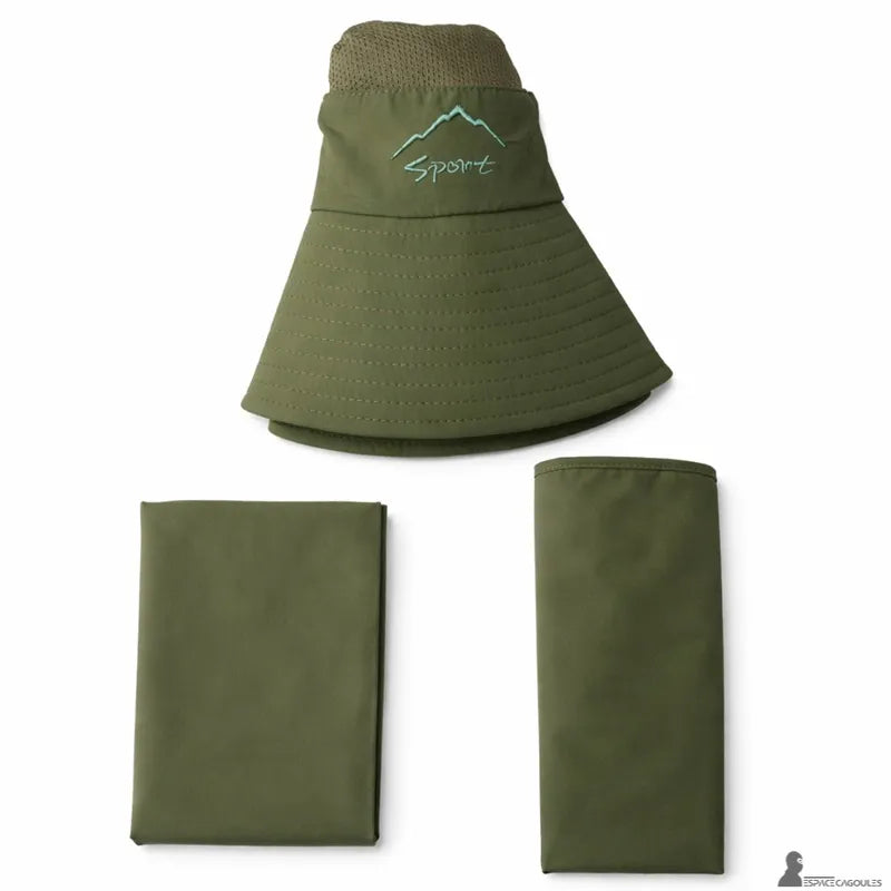 Green sun protection hood hat in a modular configuration with separate folded elements, flat product view - Hood Space