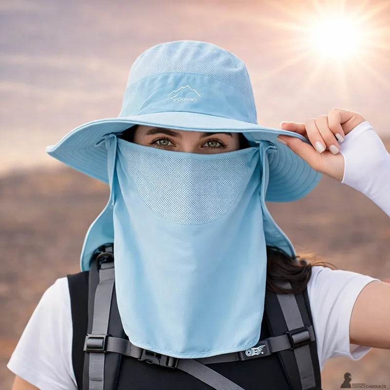 Blue sun protection hood worn in the desert with breathable face mask and visible backpack - Space Hoods