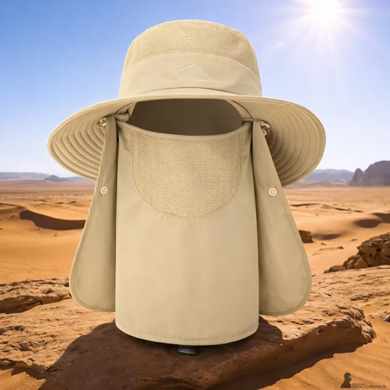 Cagoule chapeau protection solaire beige vue de face avec large bord et cache-visage en tissu respirant sur fond désertique - Espace Cagoules